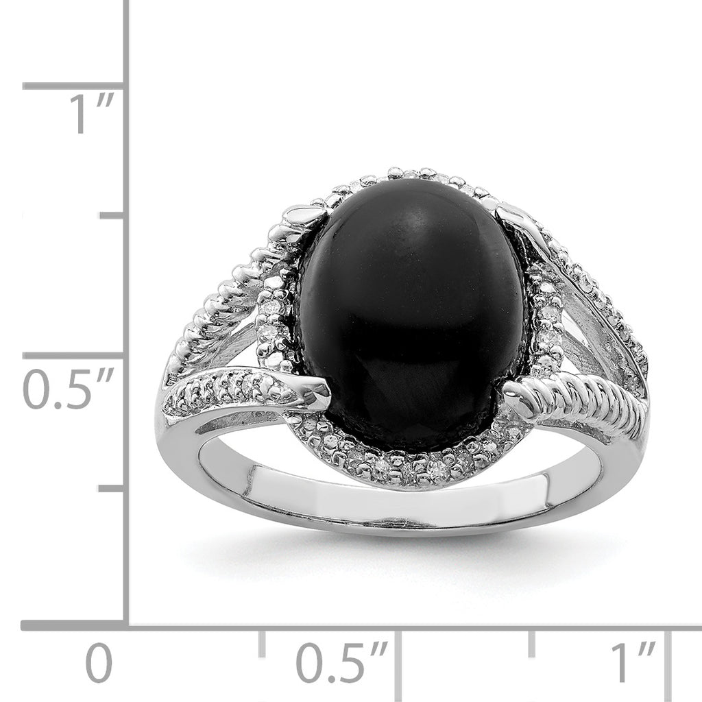 Sterling Silver Rhodium-Plated Onyx and Diamond Ring