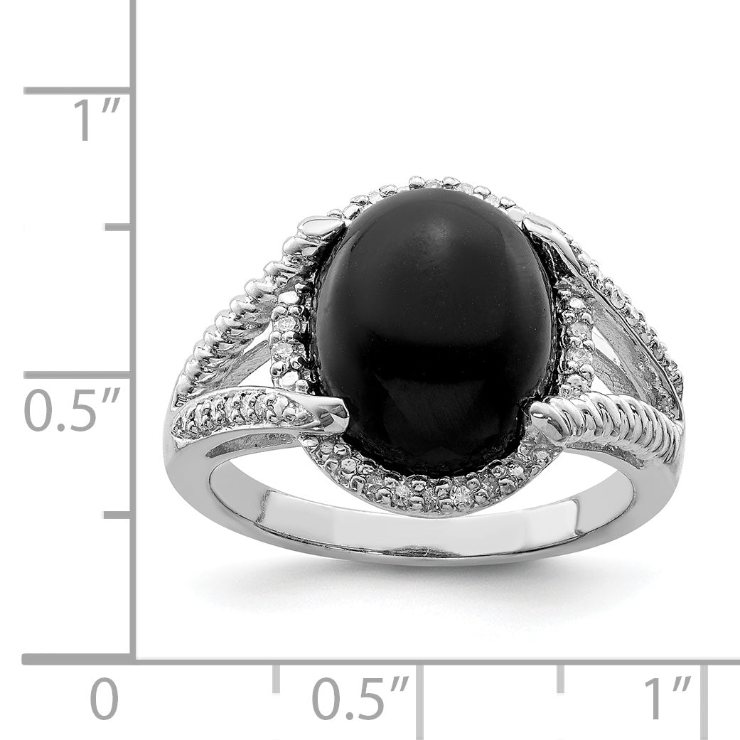 Sterling Silver Rhodium-Plated Onyx and Diamond Ring