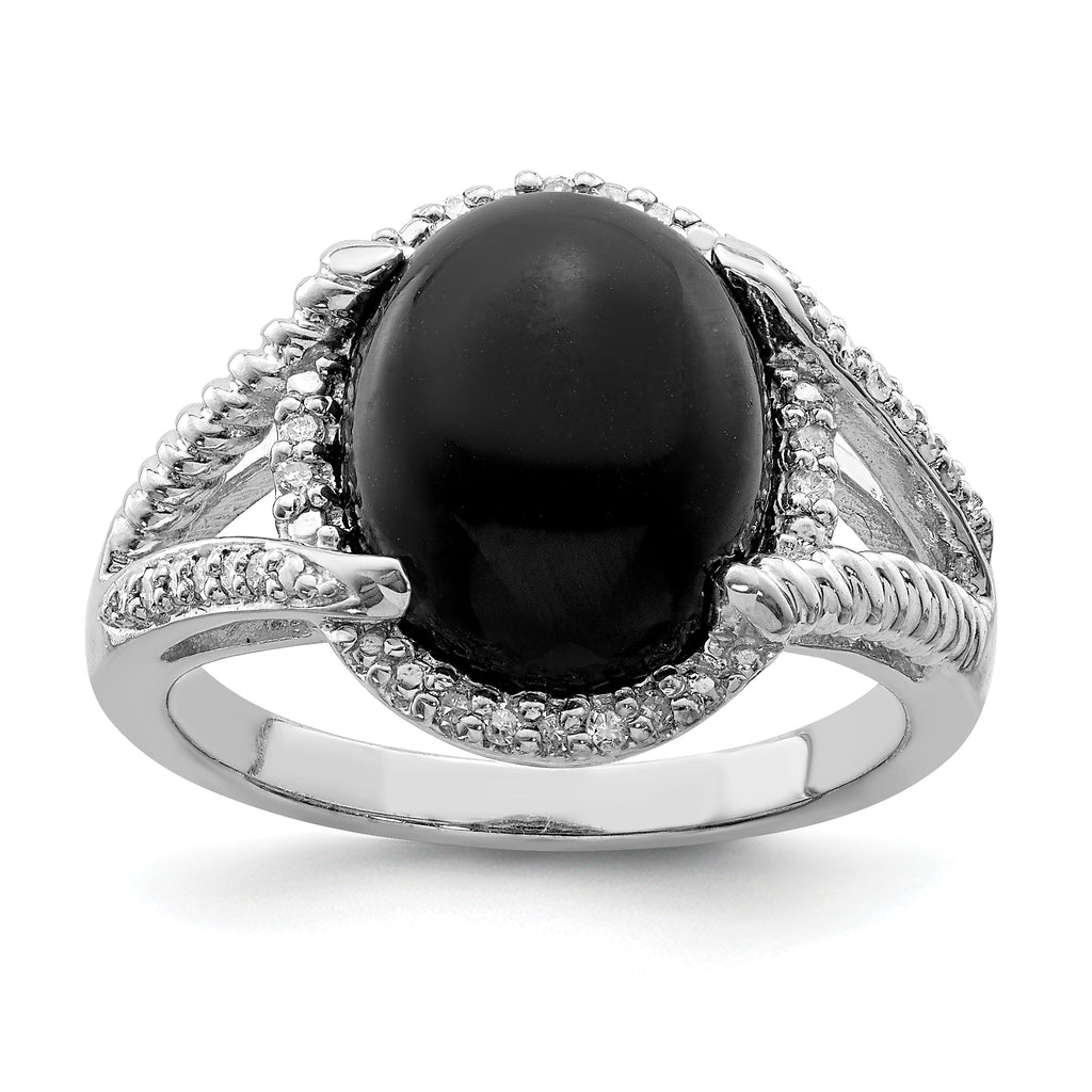 Sterling Silver Rhodium-Plated Onyx and Diamond Ring