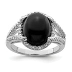 Sterling Silver Rhodium-Plated Onyx and Diamond Ring