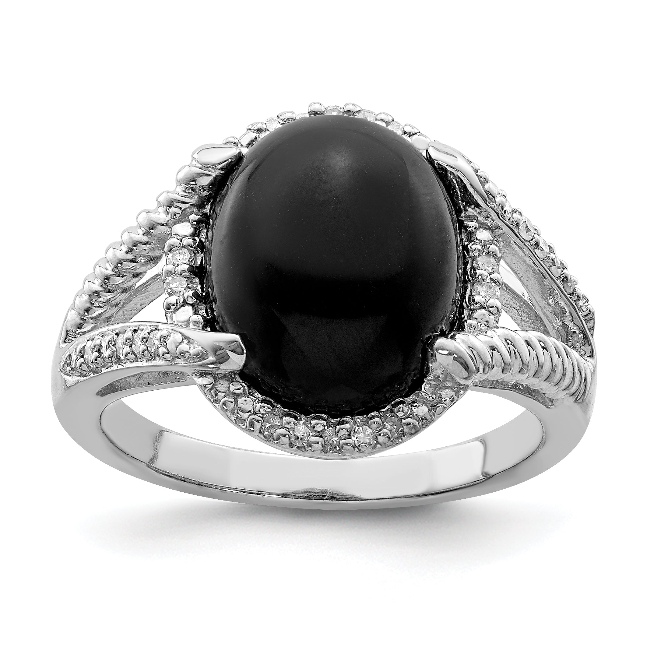 Sterling Silver Rhodium-Plated Onyx and Diamond Ring