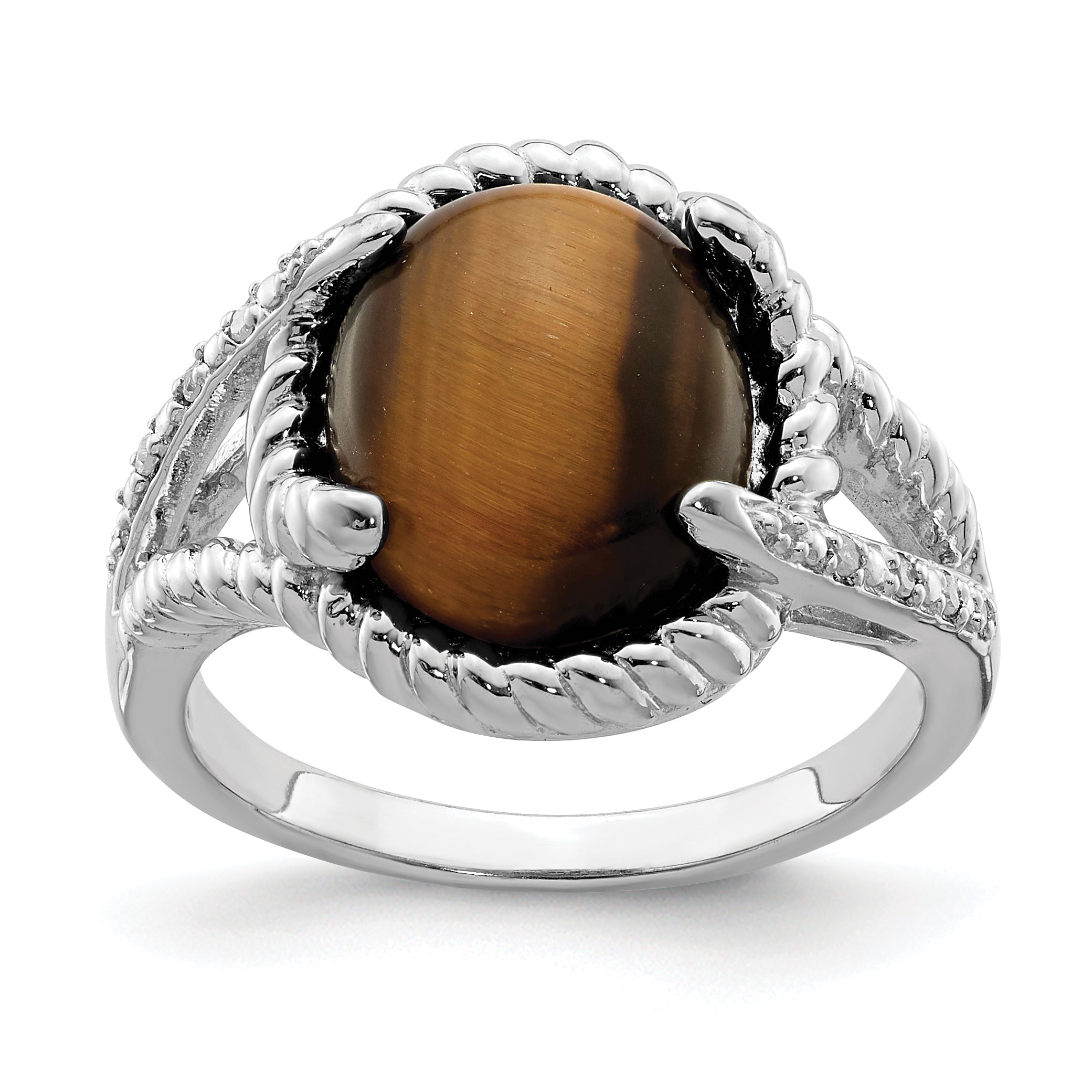 Sterling Silver Rhodium-plated Tigers Eye Quartz and Diamond Ring Main image