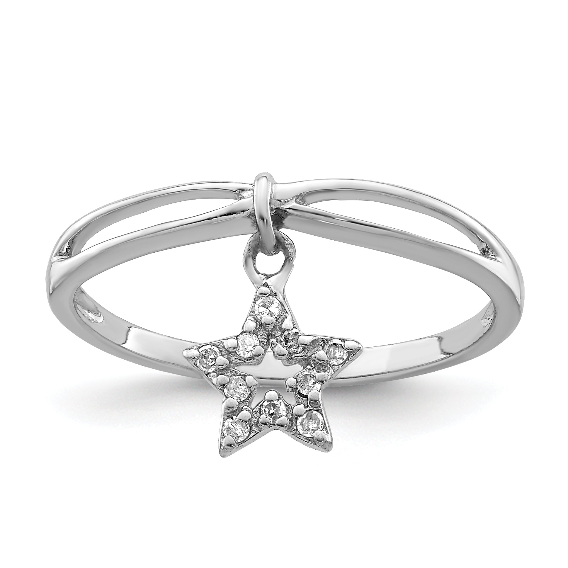 Sterling Silver Rhodium Plated Diamond Star Dangle Ring Main image