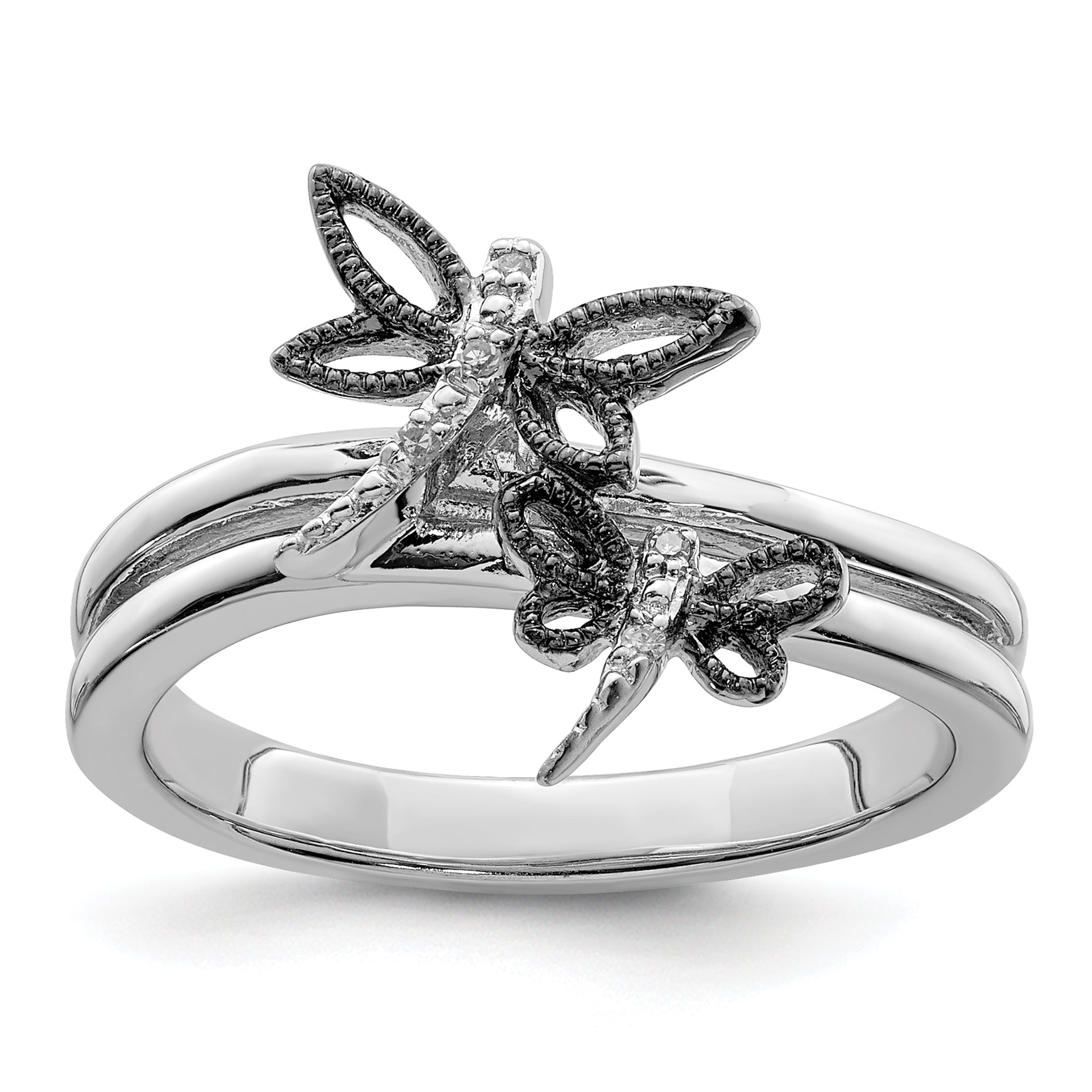 Sterling Silver Diamond Rhodium-plated Dragonfly Ring Main image