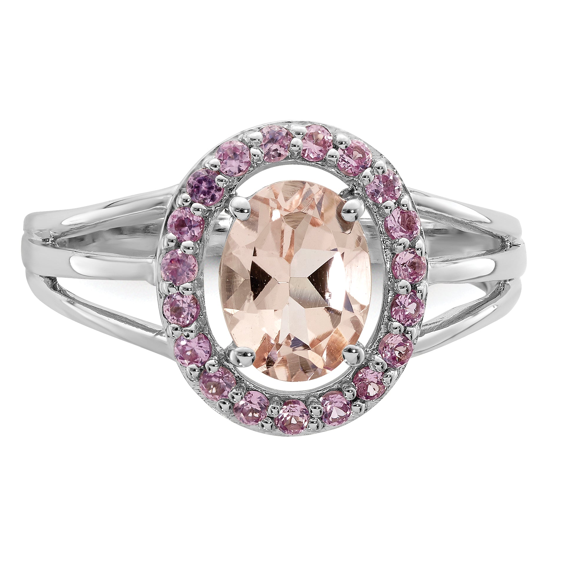 Sterling Silver Rhodium Morganite & Pink Sapphire Oval Ring