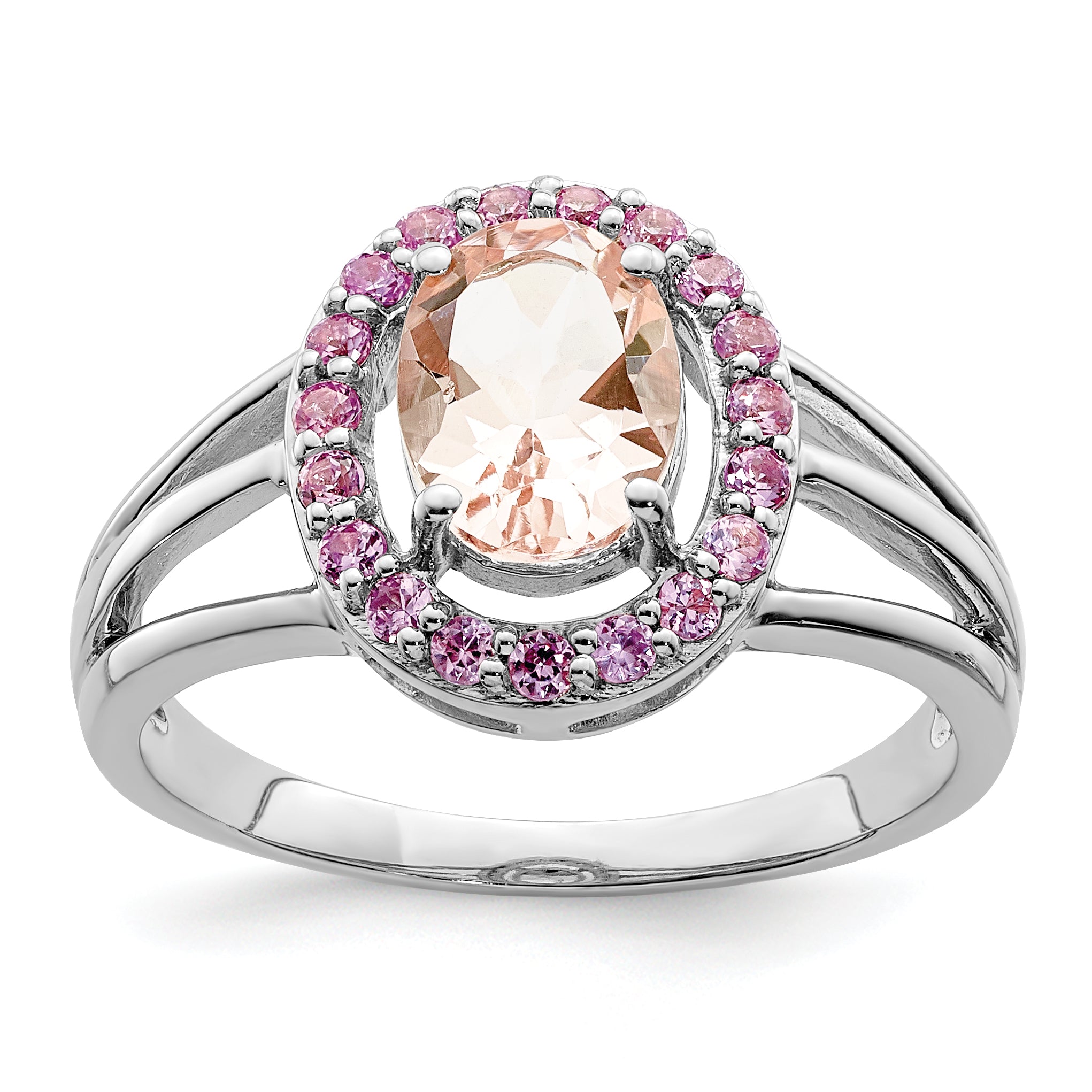 Sterling Silver Rhodium Morganite & Pink Sapphire Oval Ring Main image