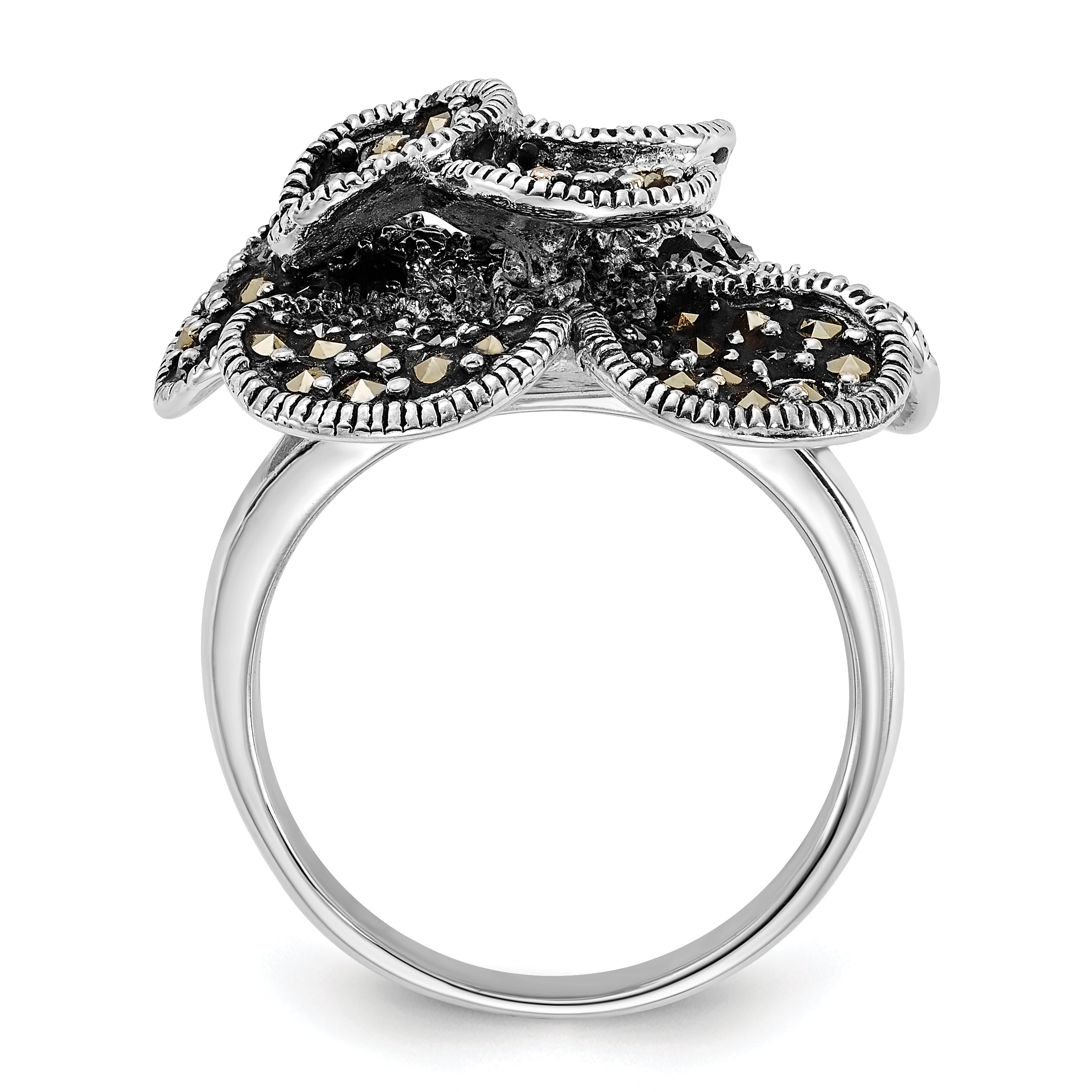 Sterling Silver Polished & Antiqued Marcasite Flower Ring Secondary image