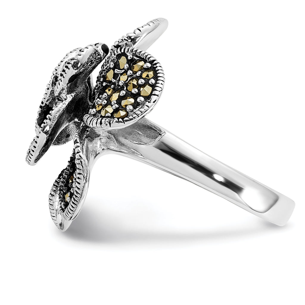 Sterling Silver Polished & Antiqued Marcasite Flower Ring