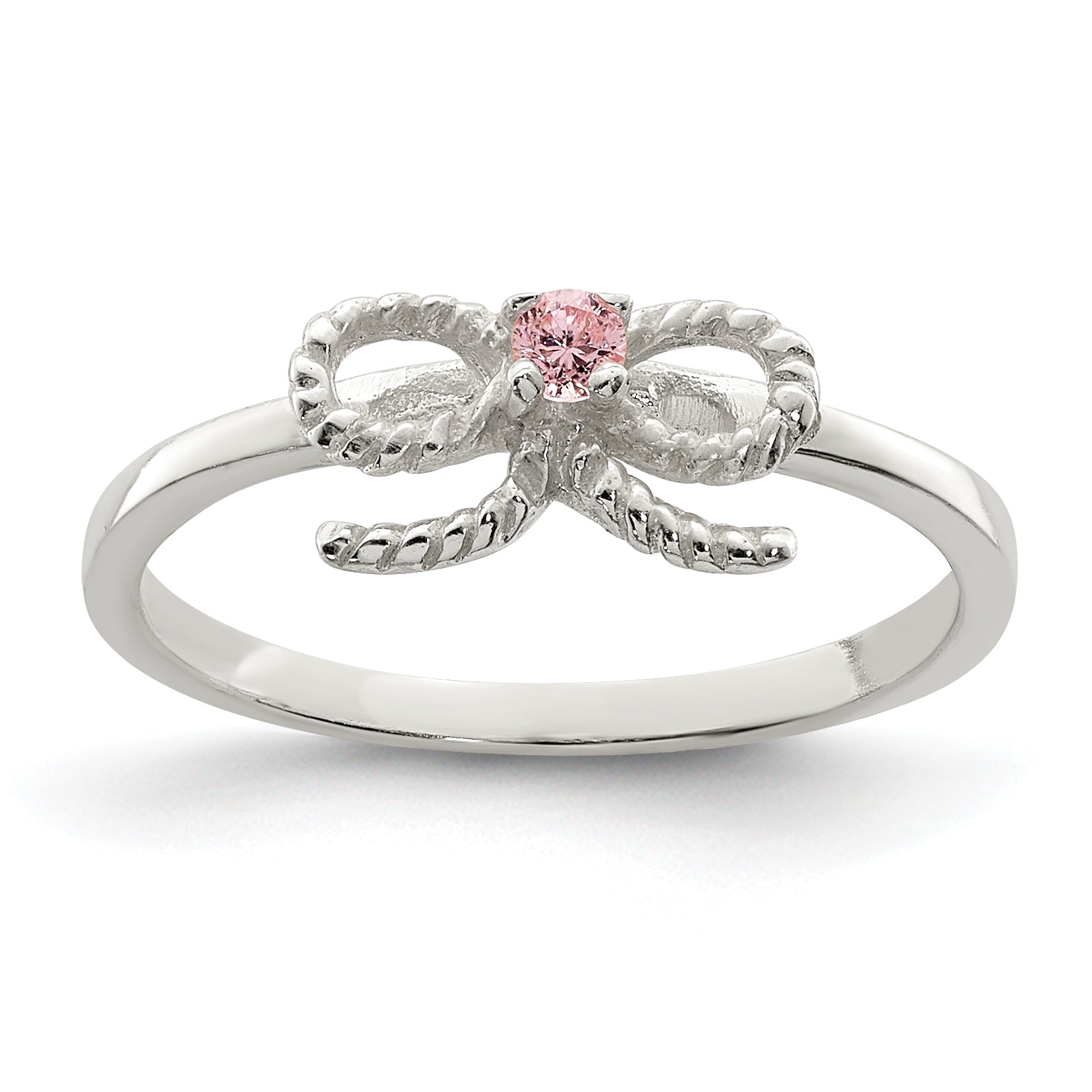 Sterling Silver Polished & Twisted Pink CZ Bow Children's Ring Main image