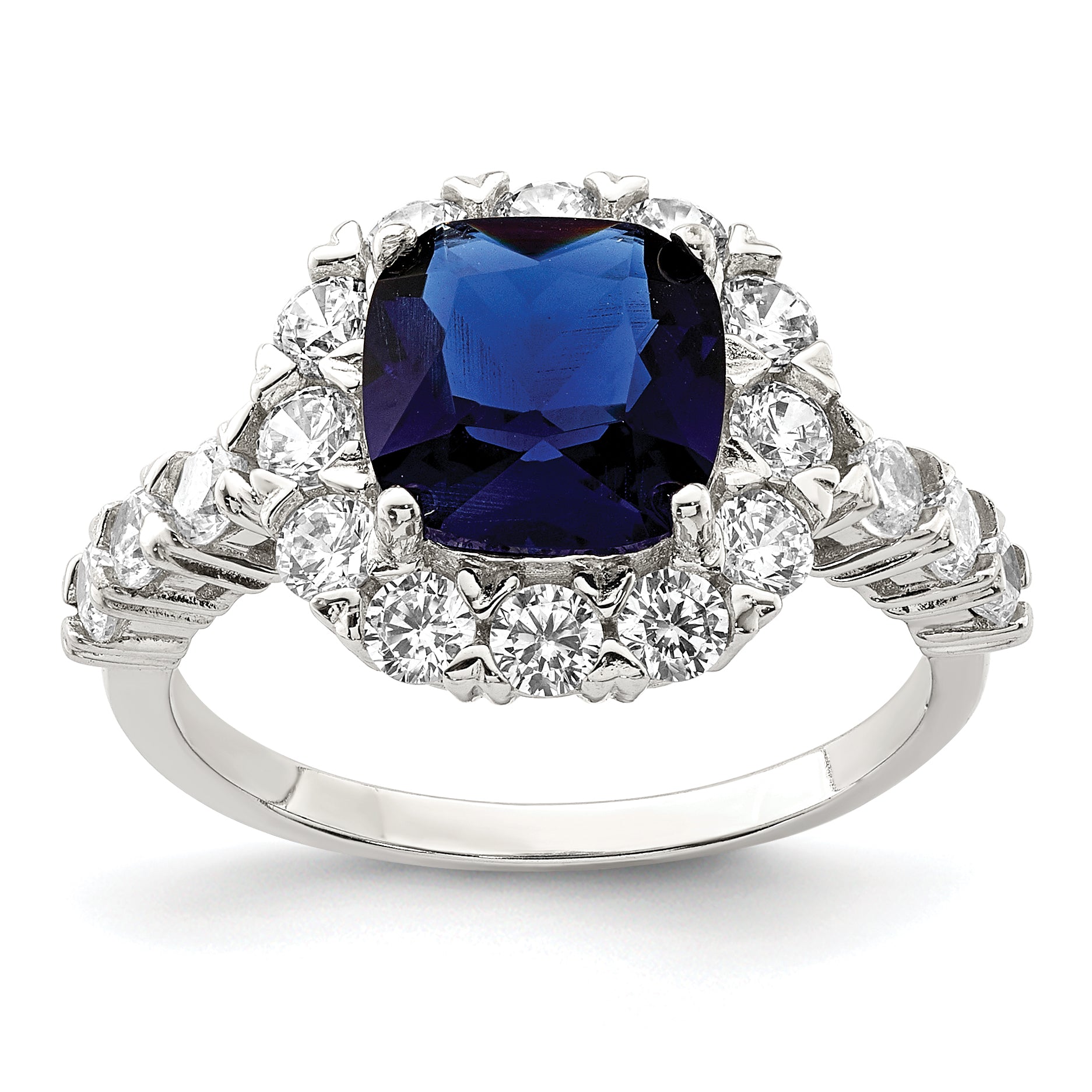 Sterling Silver Rhodium-plated Polished Blue Glass and CZ Ring Main image