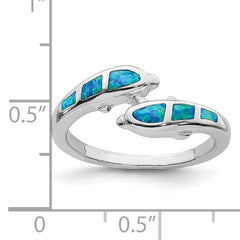 Sterling Silver Rhodium-plated Created Blue Opal Dolphins Ring