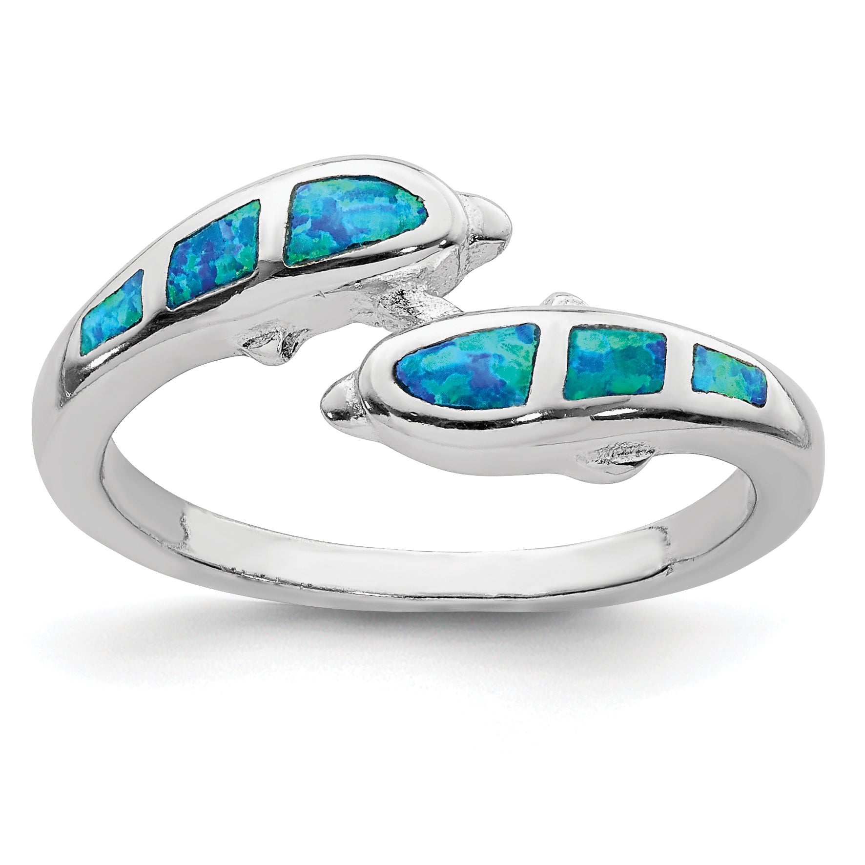 Sterling Silver Rhodium-plated Created Blue Opal Dolphins Ring Main image