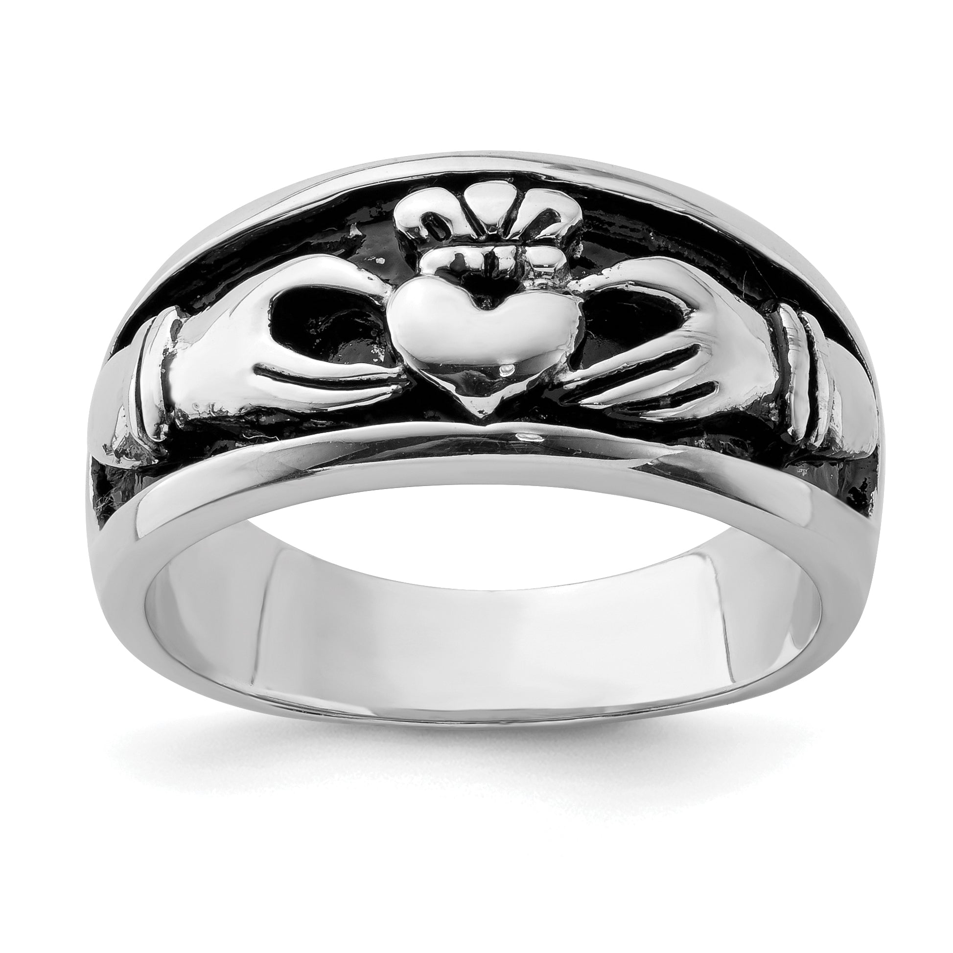 Sterling Silver Rhodium-plated Antiqued Claddagh Ring Main image