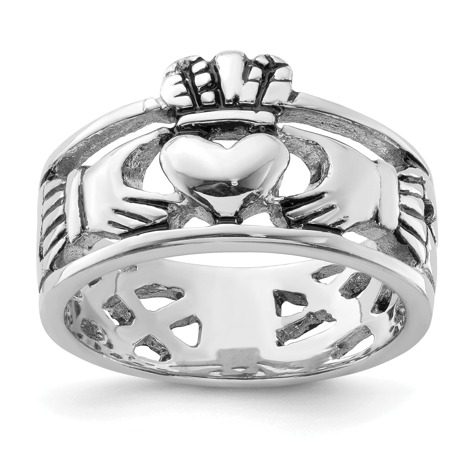 Sterling Silver Rhodium-plated and Antiqued Claddagh Ring Main image