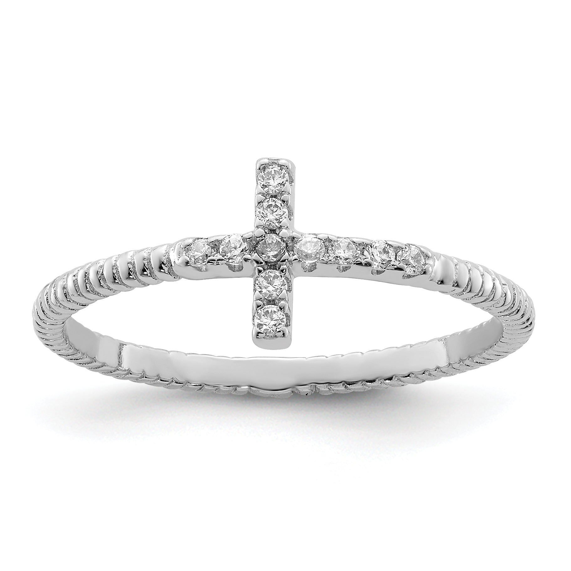 Sterling Silver Rhodium-plated Polished & Textured CZ Cross Ring Main image