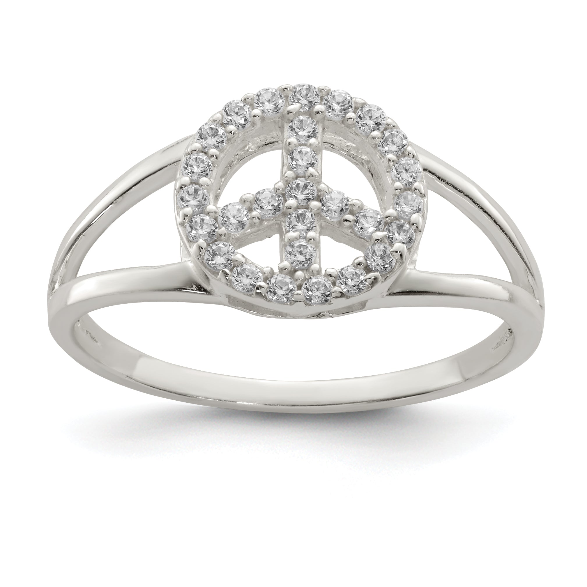Sterling Silver Polished CZ Peace Sign Ring Main image