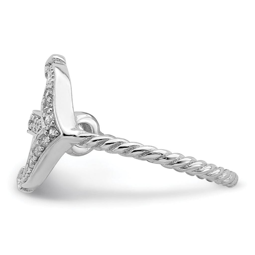 Sterling Silver Rhodium-Plated Polished and Textured Cubic Zirconi Anchor Ring