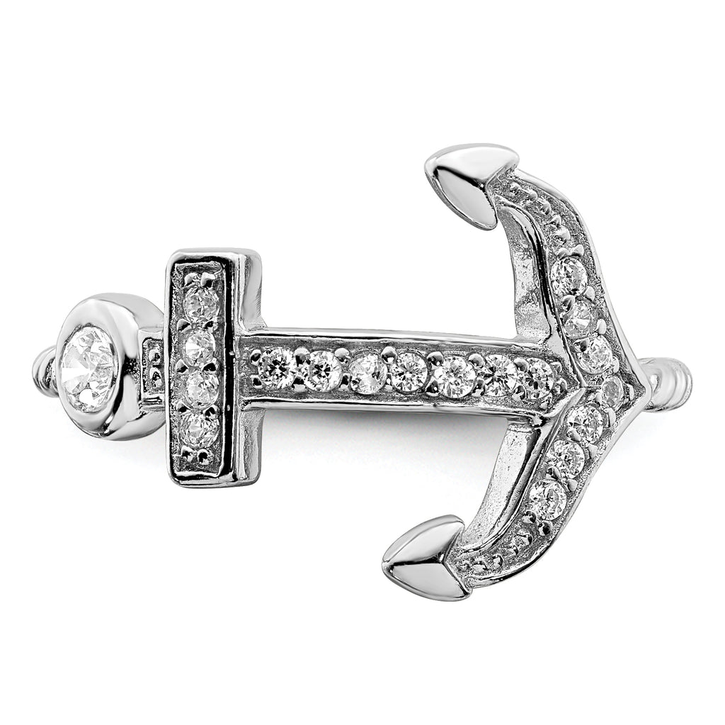 Sterling Silver Rhodium-Plated Polished and Textured Cubic Zirconi Anchor Ring