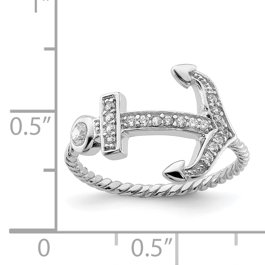 Sterling Silver Rhodium-Plated Polished and Textured Cubic Zirconi Anchor Ring