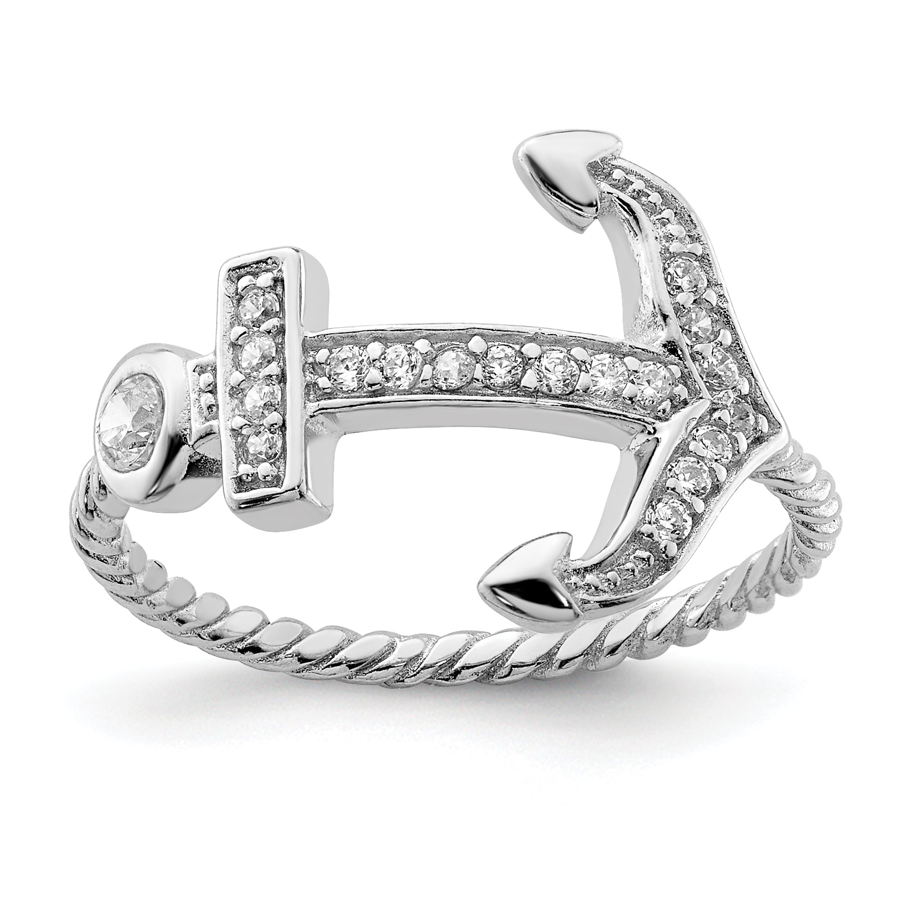 Sterling Silver Rhodium-Plated Polished and Textured Cubic Zirconi Anchor Ring Main image