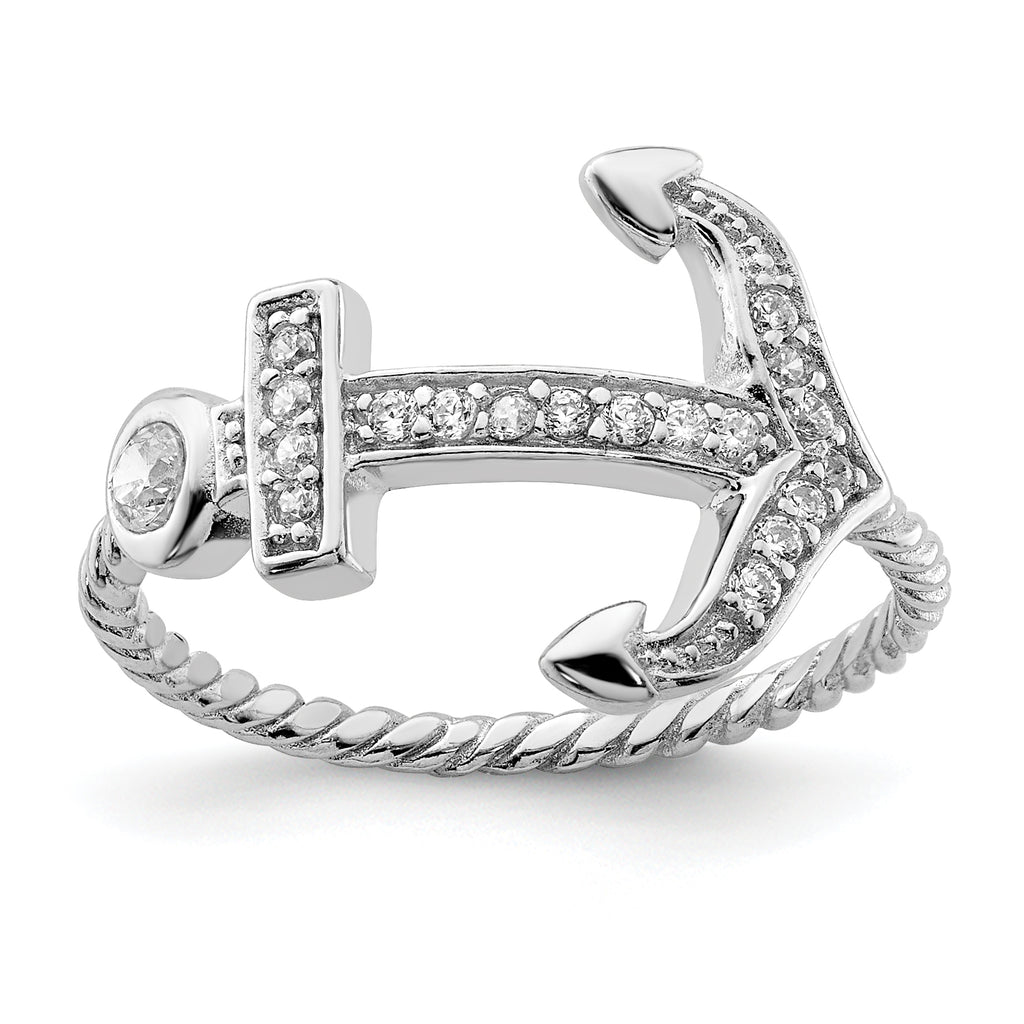 Sterling Silver Rhodium-Plated Polished and Textured Cubic Zirconi Anchor Ring