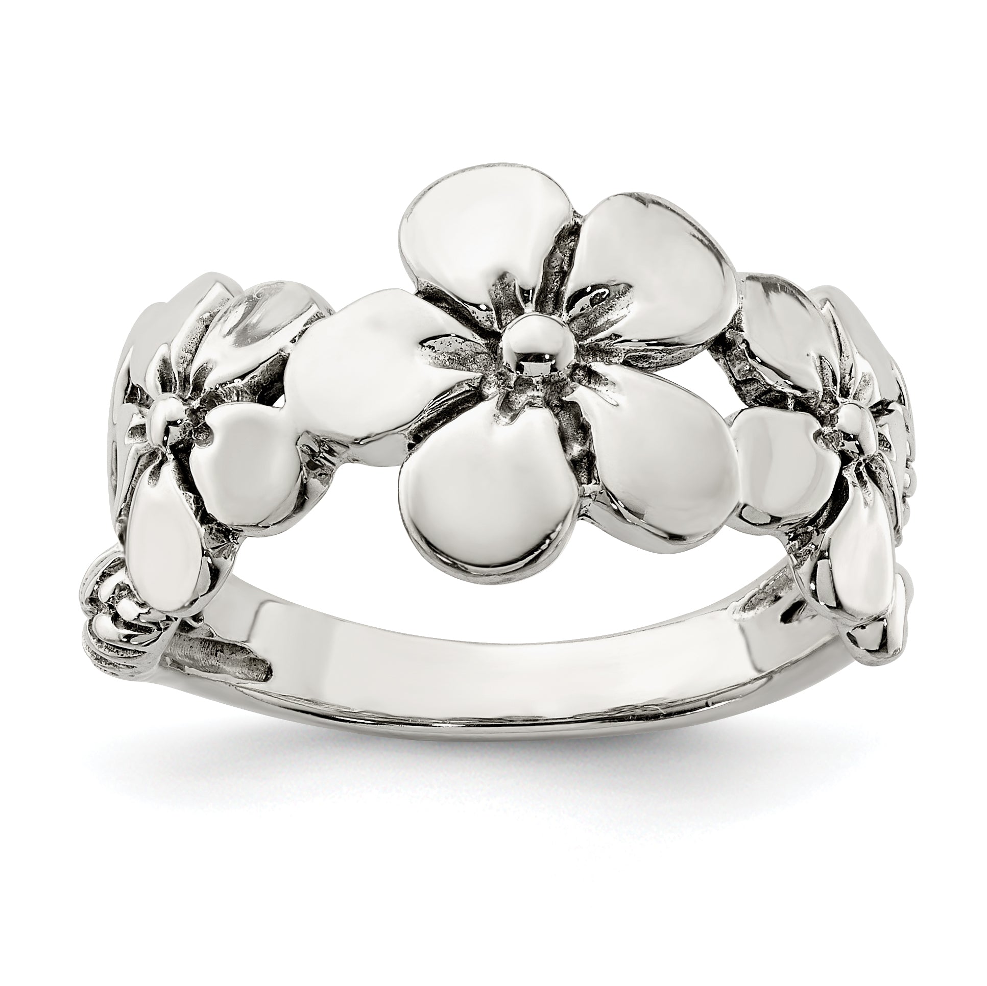 Sterling Silver Polished/Antiqued Flower Ring Main image