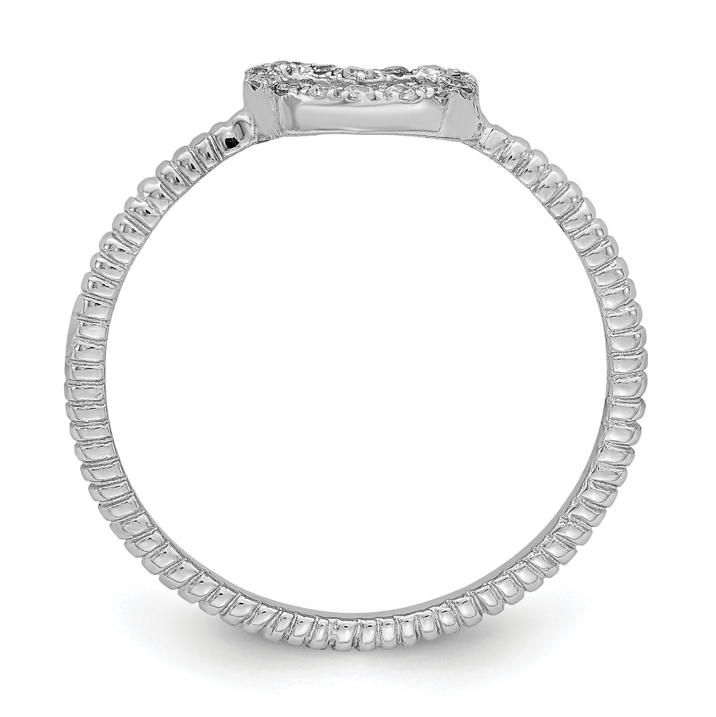 Sterling Silver Rhodium-Plated Polished & Textured Cubic Zirconi Heart Ring