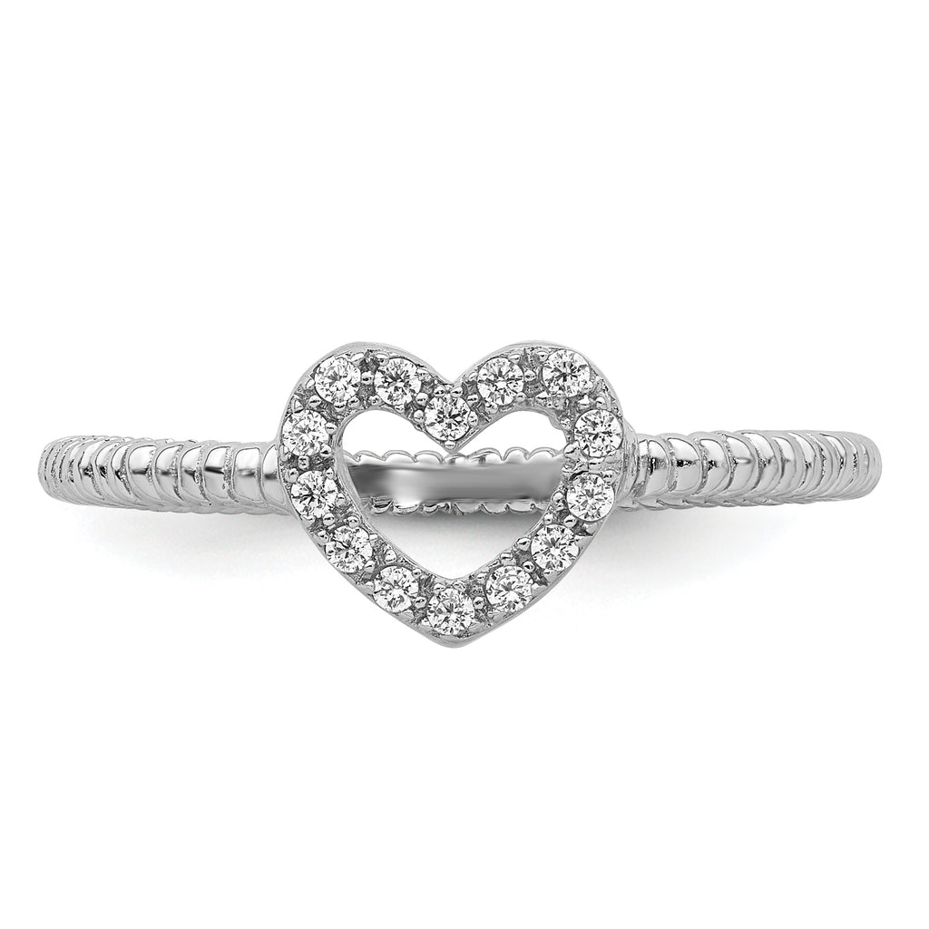 Sterling Silver Rhodium-Plated Polished & Textured Cubic Zirconi Heart Ring