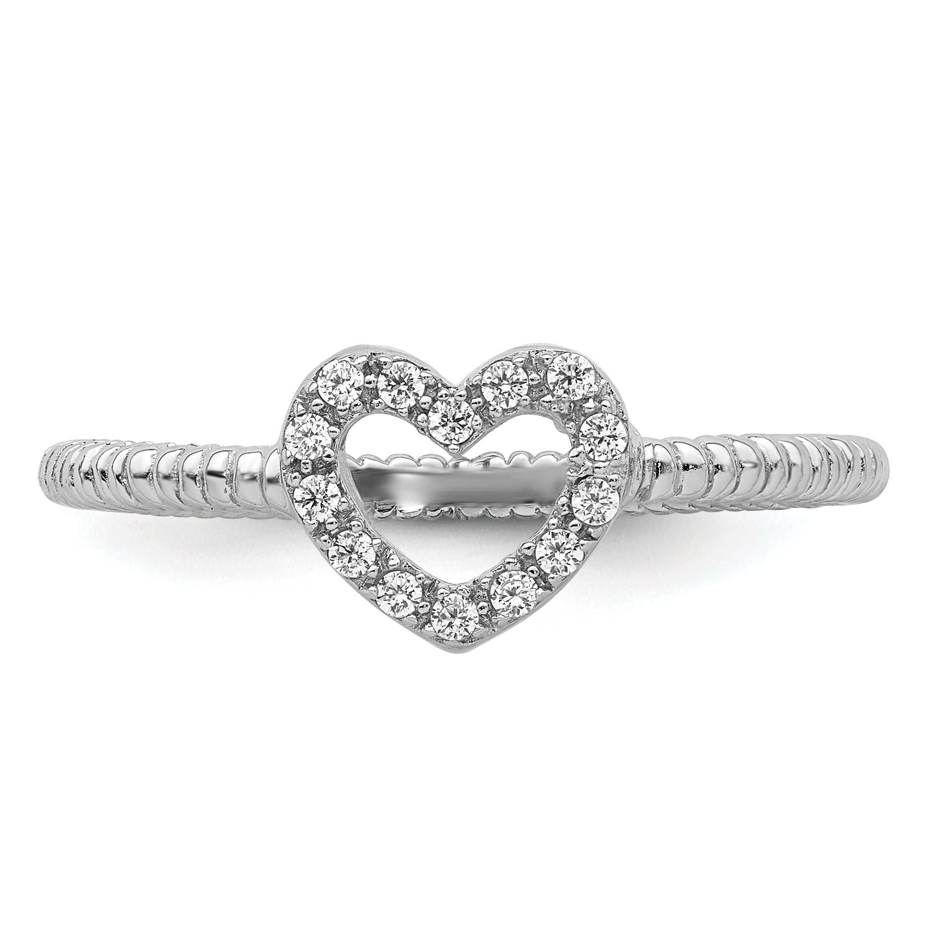 Sterling Silver Rhodium-Plated Polished & Textured Cubic Zirconi Heart Ring