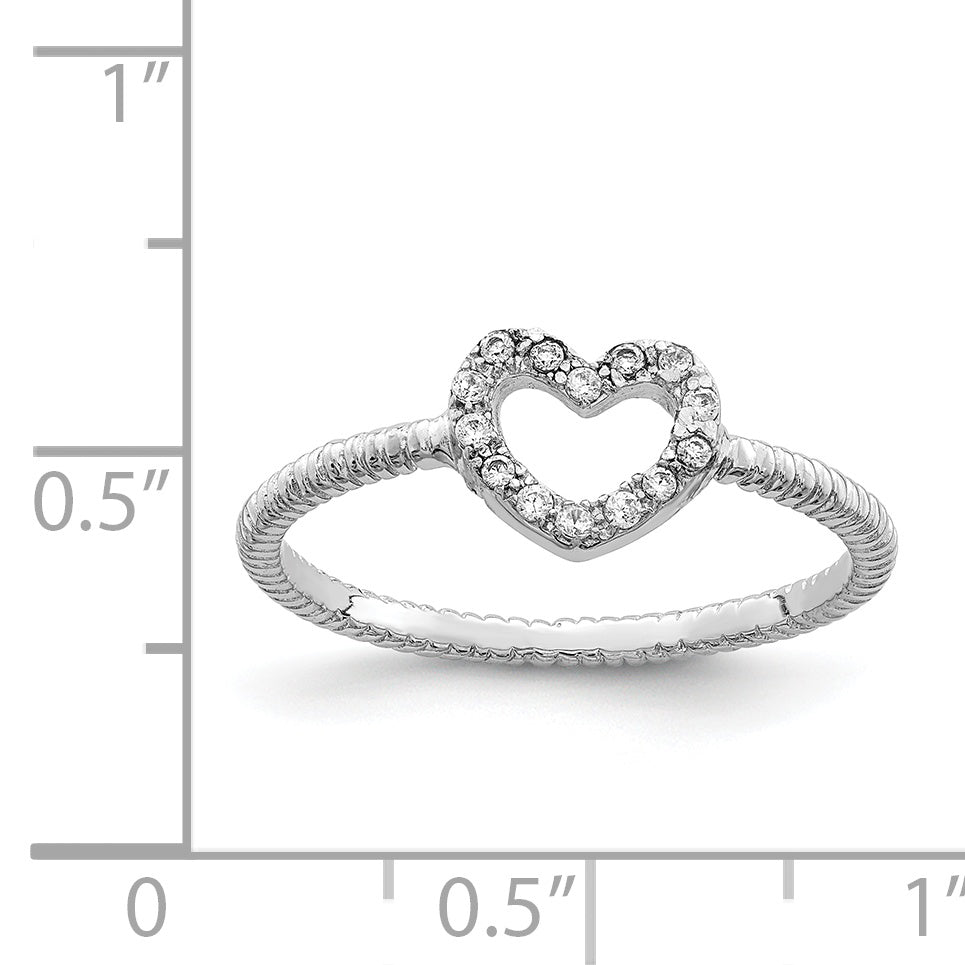 Sterling Silver Rhodium-Plated Polished & Textured Cubic Zirconi Heart Ring