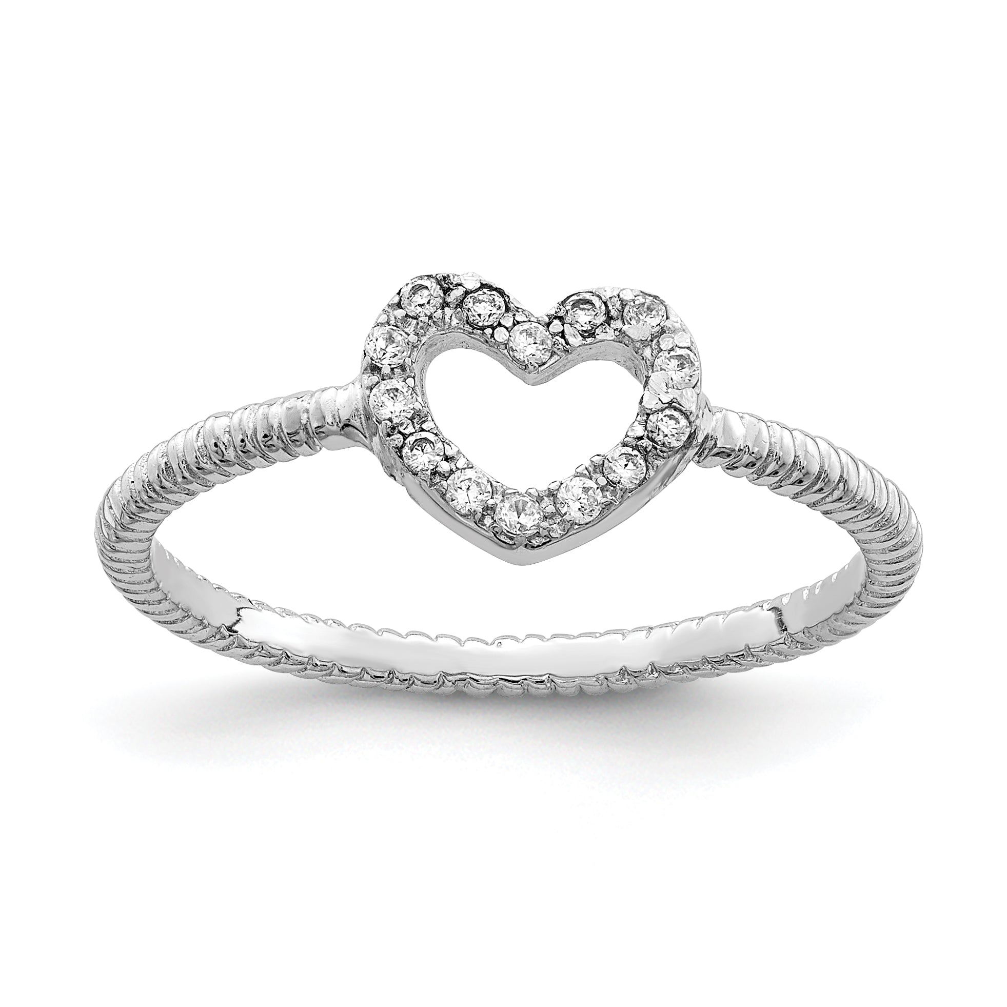 Sterling Silver Rhodium-Plated Polished & Textured Cubic Zirconi Heart Ring Main image