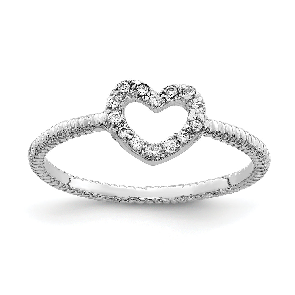 Sterling Silver Rhodium-Plated Polished & Textured Cubic Zirconi Heart Ring