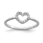 Sterling Silver Rhodium-Plated Polished & Textured Cubic Zirconi Heart Ring