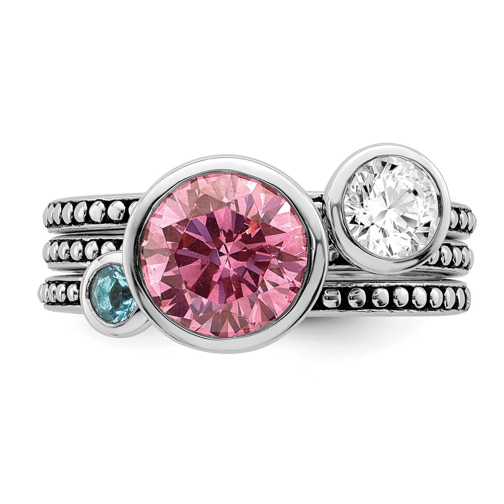 Sterling Silver Rhodium-Plated With Pink & White Cubic Zirconi and Blue GlaSterling Silver Ring Set