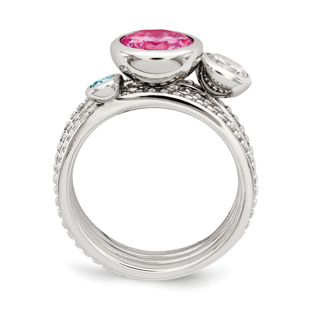 Sterling Silver Rhodium-Plated With Pink & White Cubic Zirconi and Blue GlaSterling Silver Ring Set