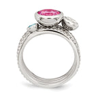 Sterling Silver Rhodium-Plated With Pink & White Cubic Zirconi and Blue GlaSterling Silver Ring Set