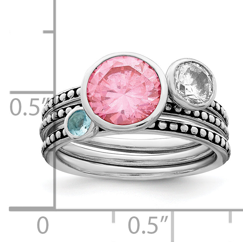 Sterling Silver Rhodium-Plated With Pink & White Cubic Zirconi and Blue GlaSterling Silver Ring Set