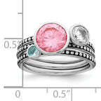 Sterling Silver Rhodium-Plated With Pink & White Cubic Zirconi and Blue GlaSterling Silver Ring Set