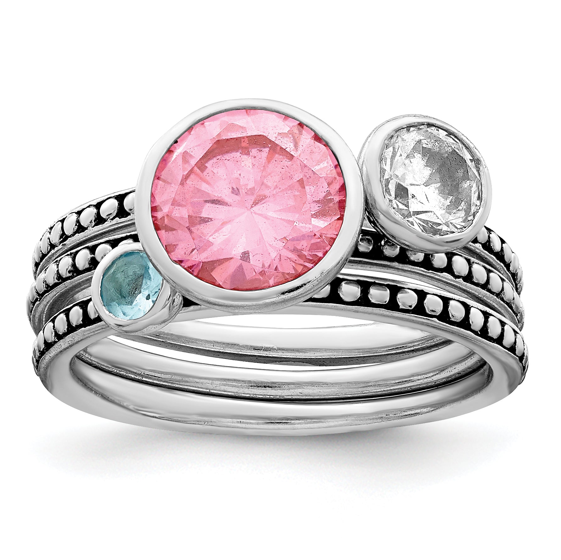 Sterling Silver Rhodium-Plated With Pink & White Cubic Zirconi and Blue GlaSterling Silver Ring Set Main image