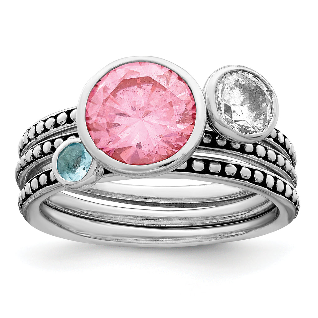 Sterling Silver Rhodium-Plated With Pink & White Cubic Zirconi and Blue GlaSterling Silver Ring Set