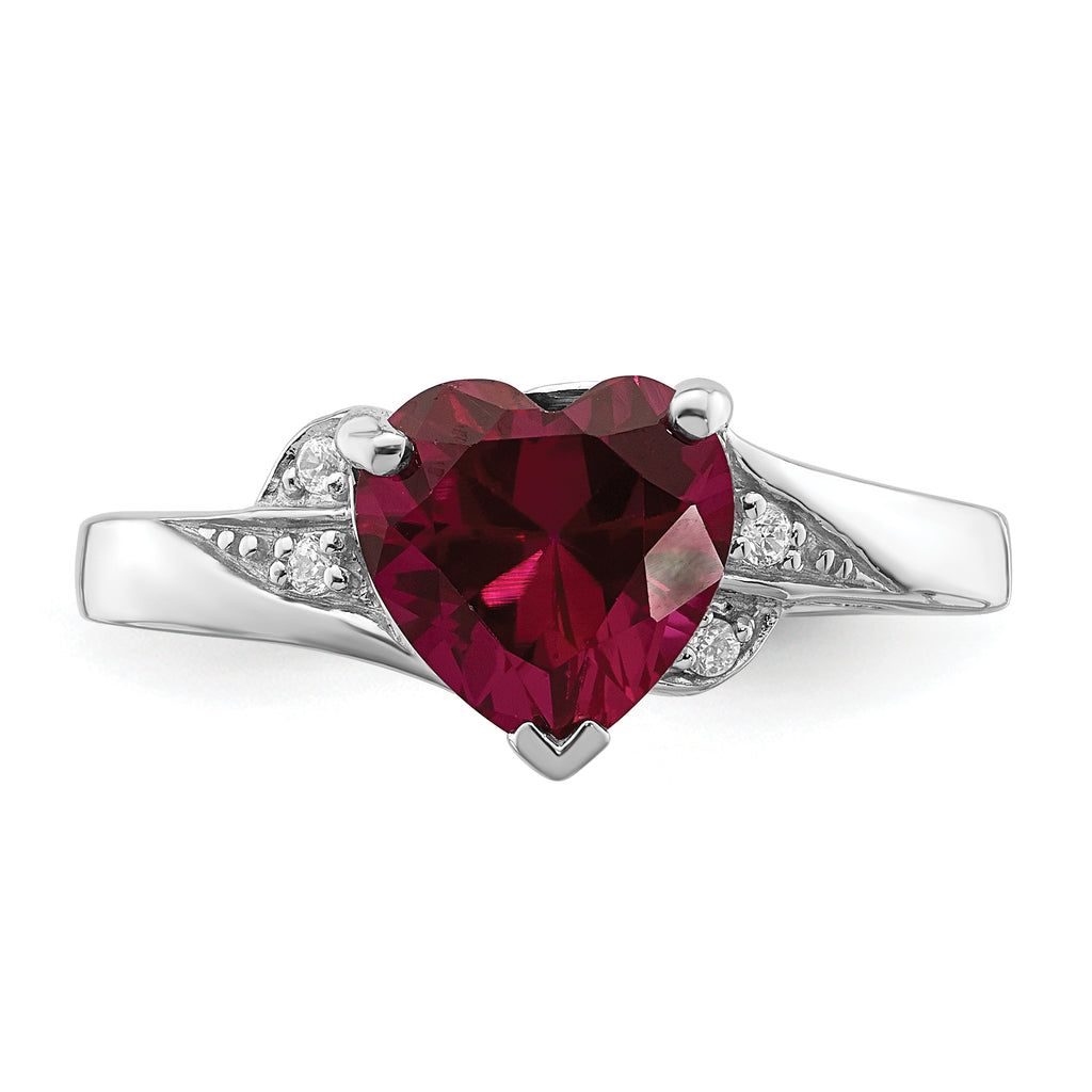 Sterling Silver Rhodium-plated CZ and Synthetic Ruby Heart Ring