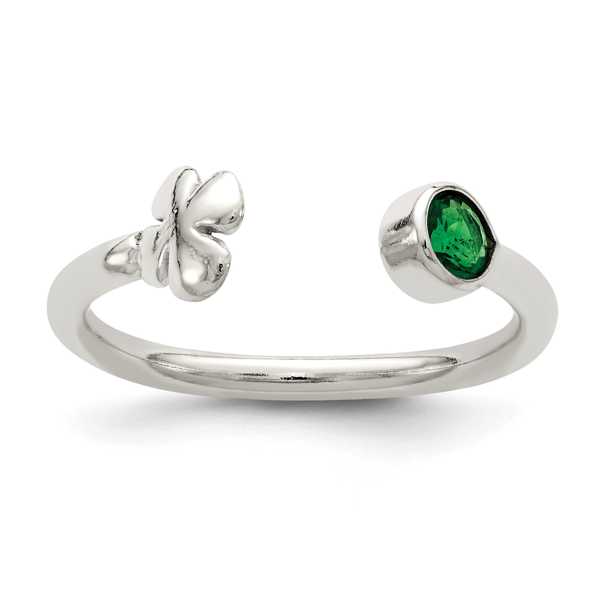 Sterling Silver Green Glass Bead 4-Leaf Clover Adjustable Ring Main image