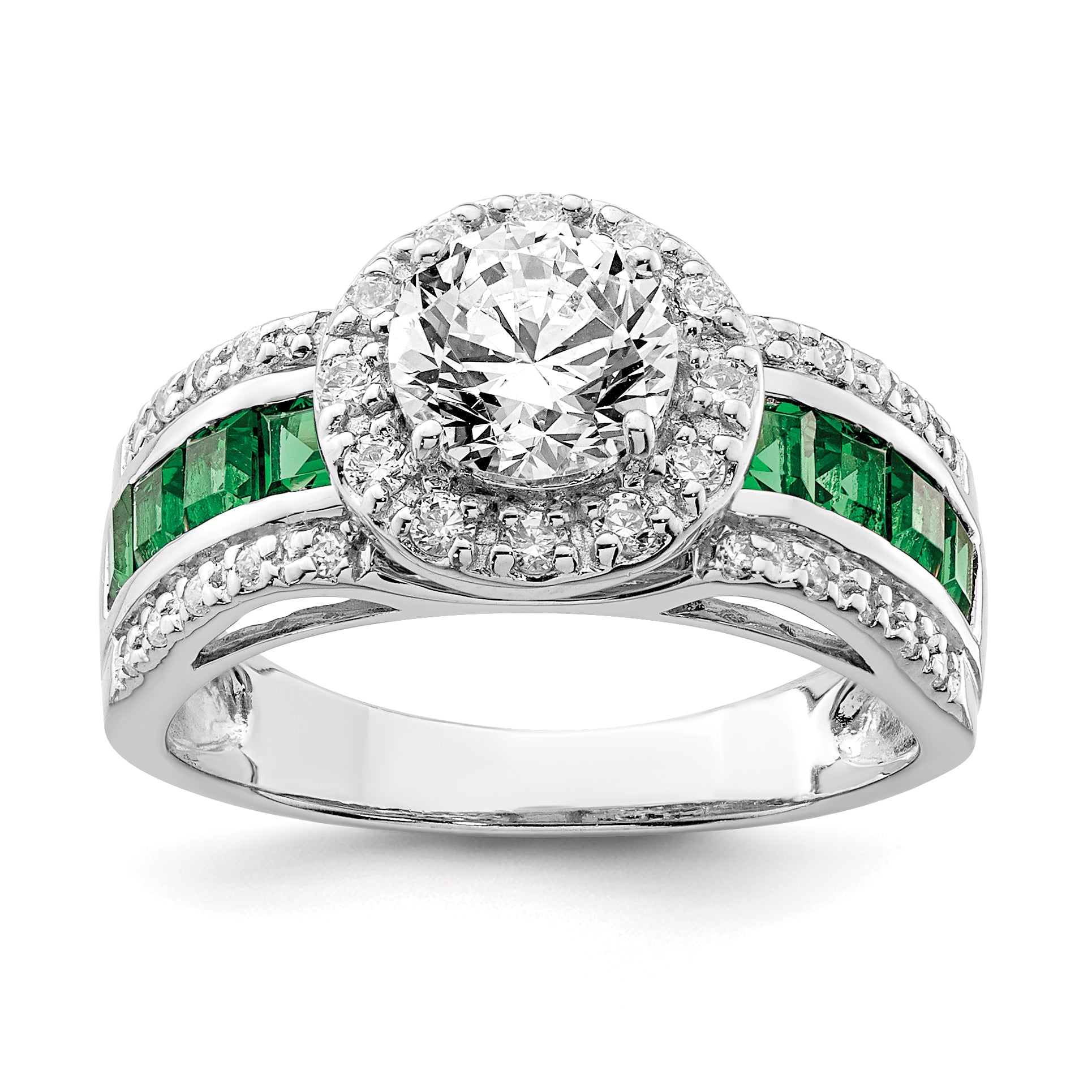 Sterling Silver Rhodium-plated CZ and Lab Created Emerald Ring Main image