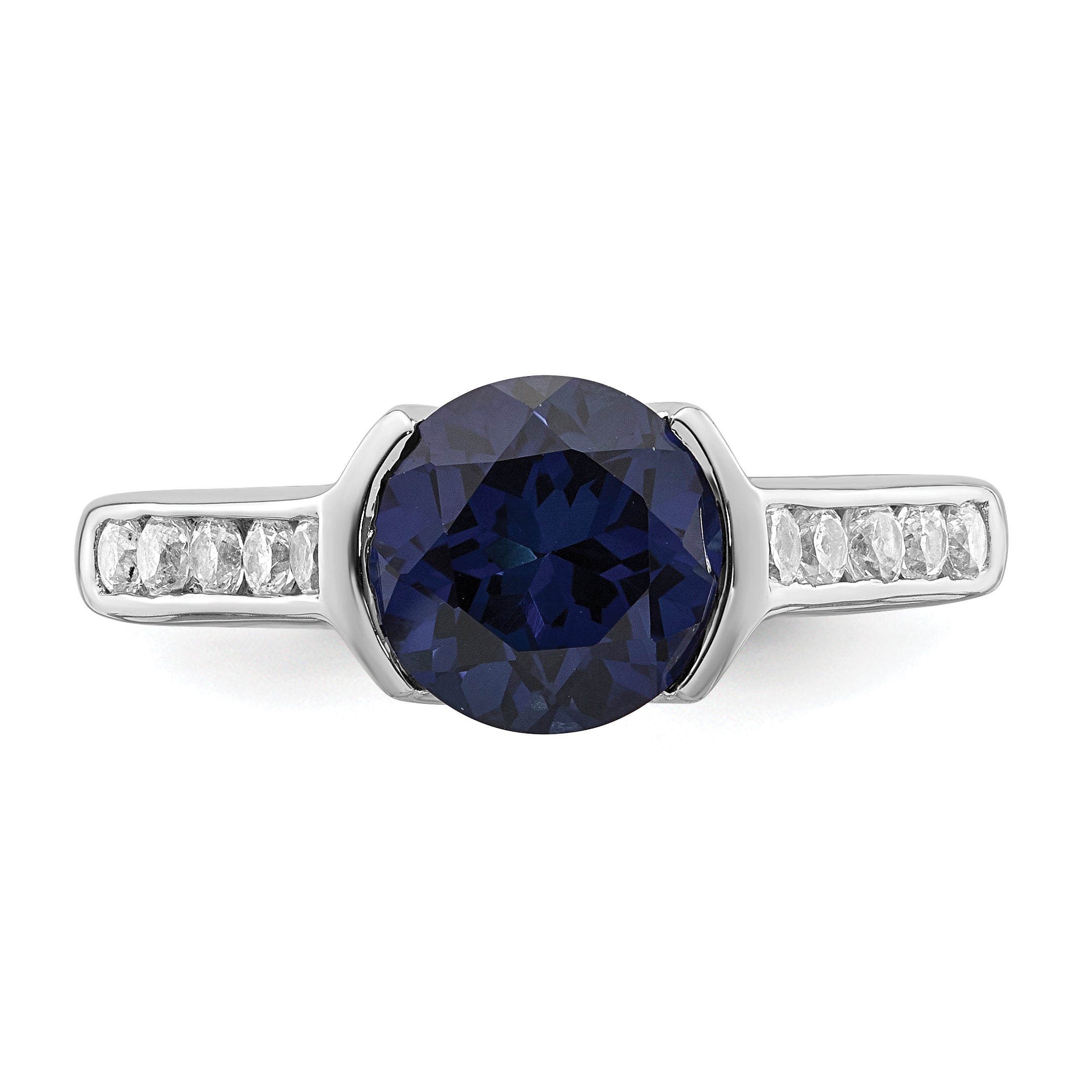 Sterling Silver Rhodium-Plated Synthetic Blue Sapphire and Cubic Zirconi Bezel Ring