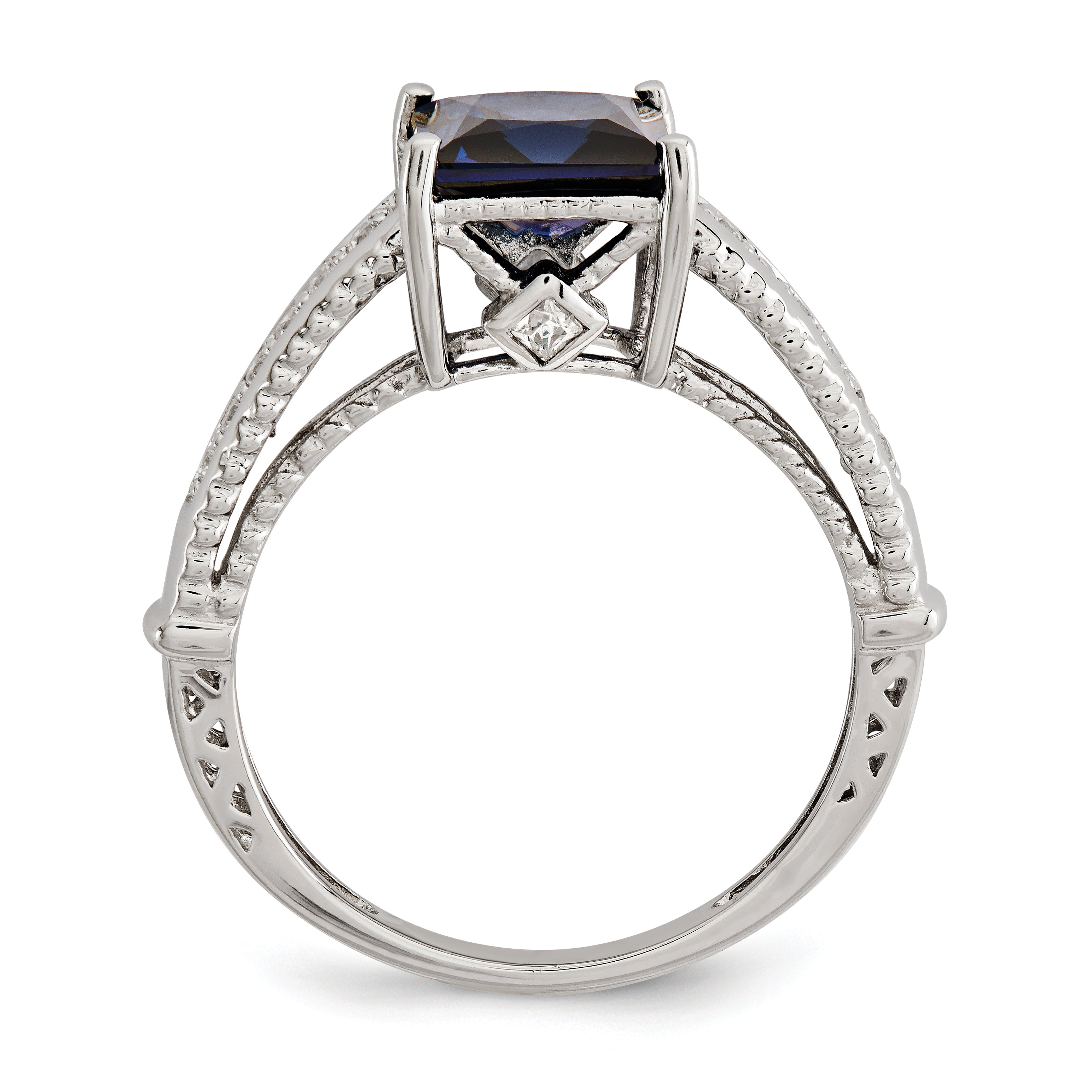 Sterling Silver Rhodium-plated Lab Created Blue Sapphire and CZ Ring