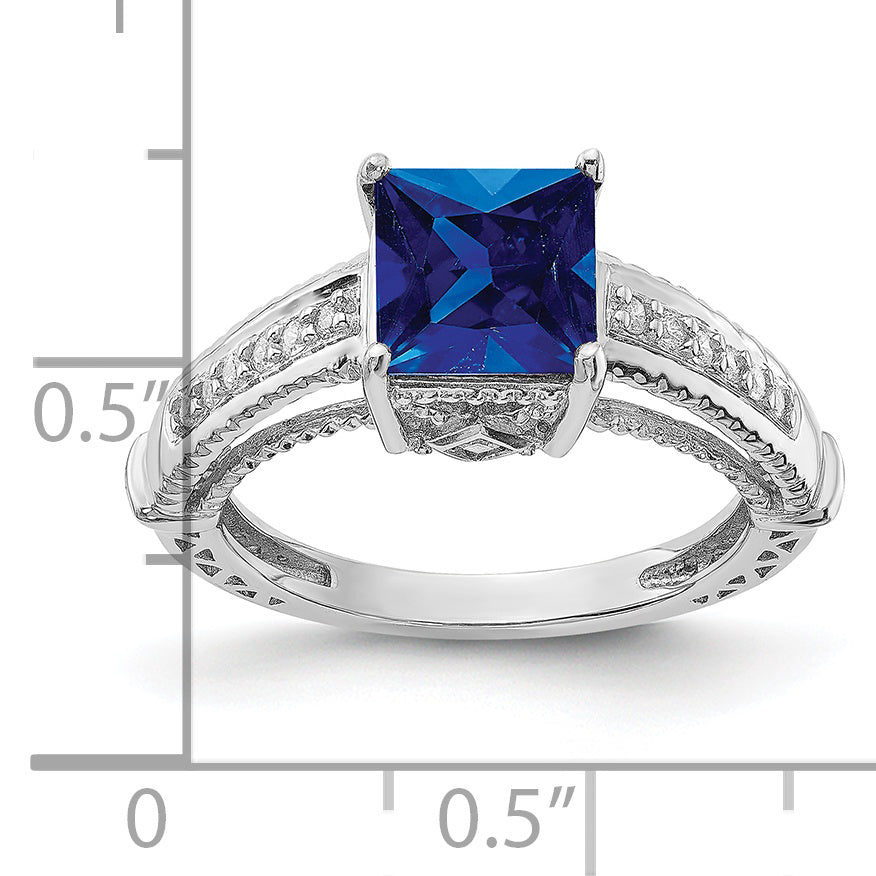 Sterling Silver Rhodium-plated Lab Created Blue Sapphire and CZ Ring