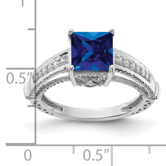 Sterling Silver Rhodium-plated Lab Created Blue Sapphire and CZ Ring