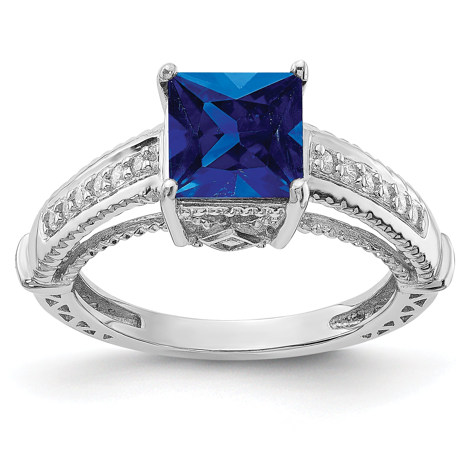 Sterling Silver Rhodium-plated Lab Created Blue Sapphire and CZ Ring Main image