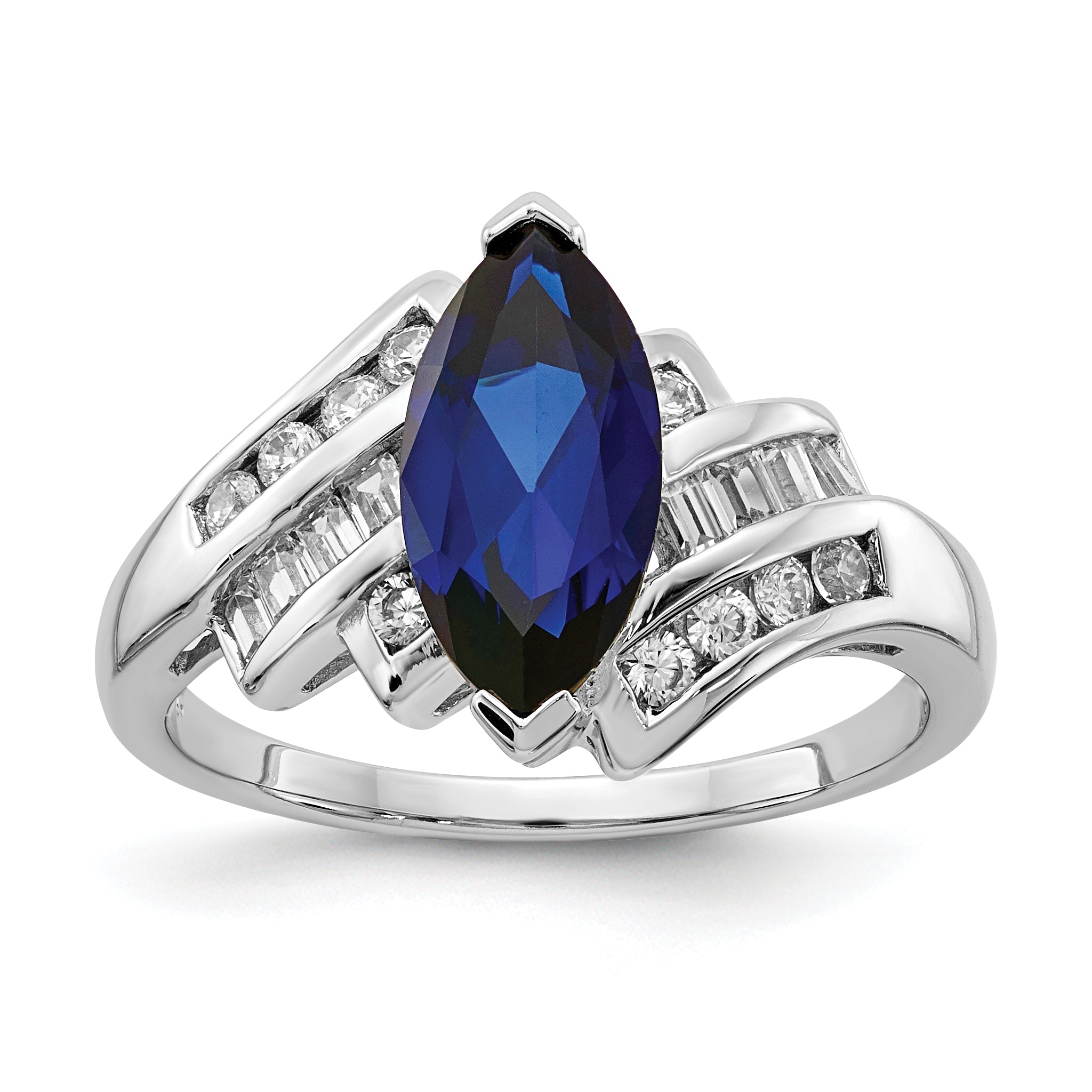 Sterling Silver Rhodium-plated Created Blue Sapphire and CZ Marquise Ring Main image