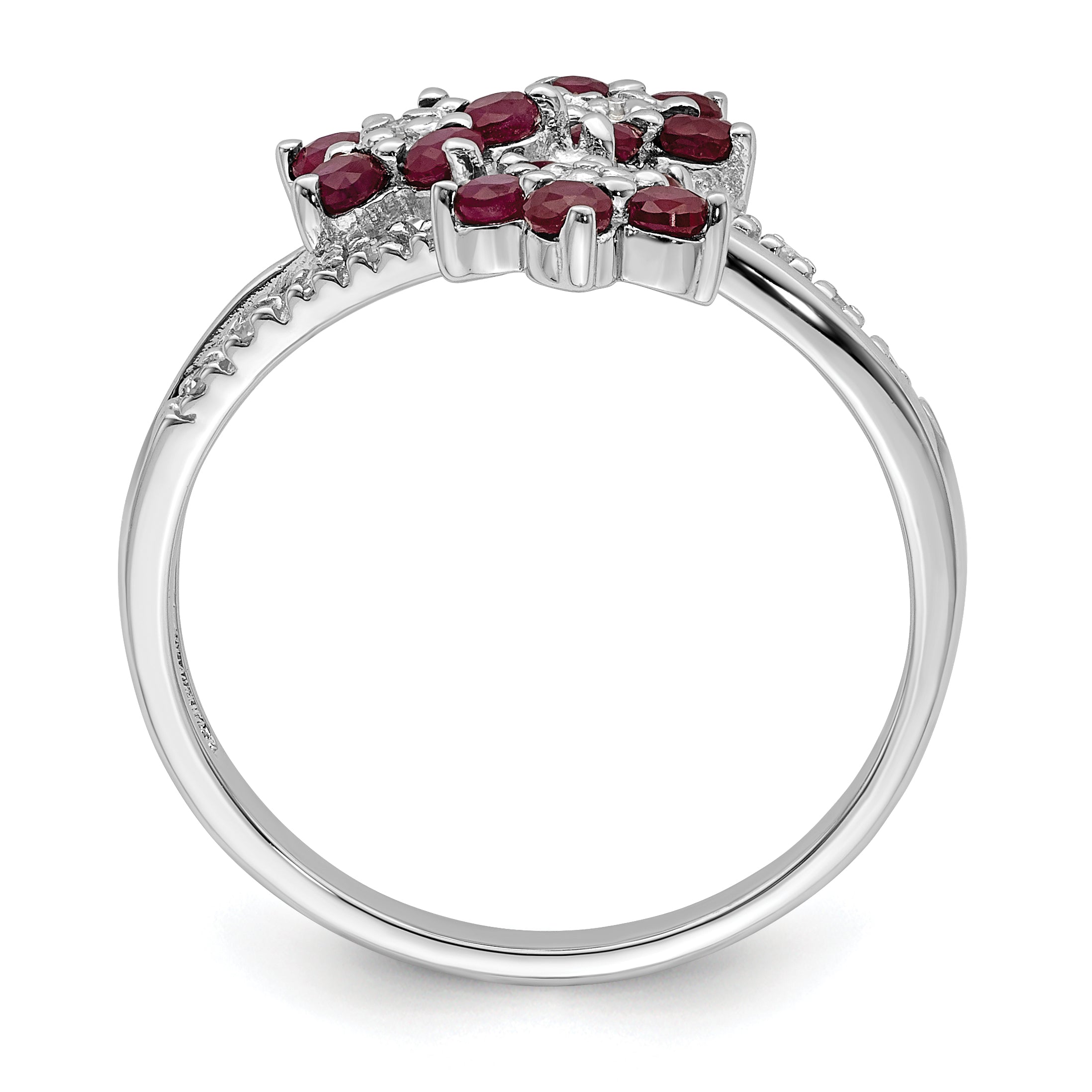 Sterling Silver Rhodium-plated 3 Flower Ruby and Diamond Ring Secondary image